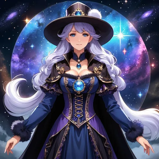 Prompt: Dnd well endowed female wizard mother wearing a Victorian dress with a galaxy pattern throughout the dress and her hat as well as a fur cloak with fur around the neck, anime style, her hair looks like a nebula, anime style