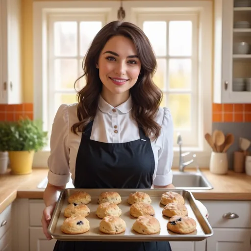 Prompt: ( beautiful woman), with brunette hair,wearing a french maid's outfit, no hat,standing confidently in a bright, cheerful kitchen, light streaming in through the window, holding a golden-brown baking tray of freshly baked scones, vibrant colors, cozy ambiance, soft natural light, high detail, 4K quality, inviting and warm atmosphere.