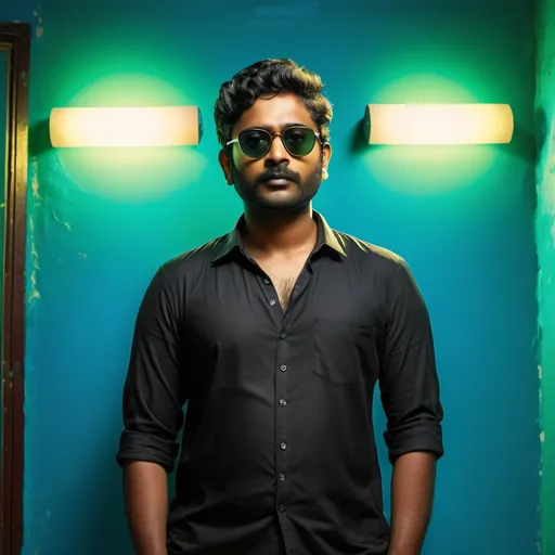 Prompt: a man in a black shirt and sunglasses standing in a room with a blue wall and a green light, Ella Guru, samikshavad, jayison devadas, poster art