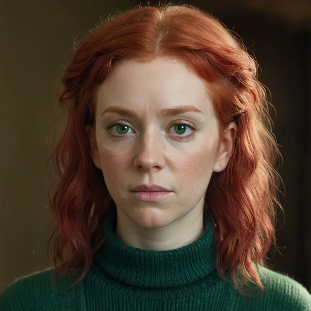 Prompt: a woman with red hair and green sweater looking at the camera with a serious look on her face and shoulders, Arabella Rankin, renaissance, leesha hannigan, a character portrait