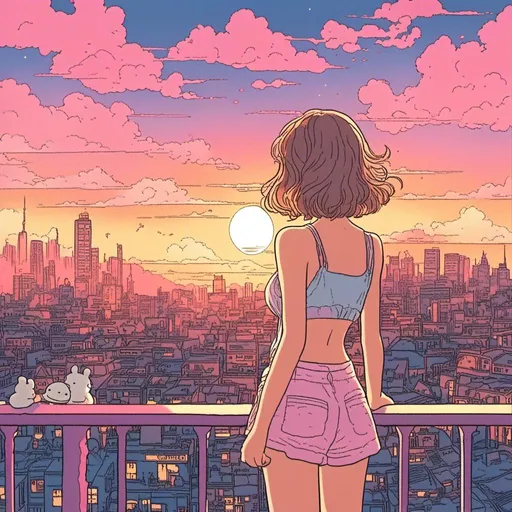 Prompt: <mymodel>Sunset retrowave illustration of a slender girl, pastel colors, detailed hair with retro highlights, high waist shorts, swimsuit, soft and dreamy atmosphere, city skyline background, view from behind, highres, detailed, retrowave, pastel colors, dreamy atmosphere, sunset lighting, detailed hair, city skyline, slender figure