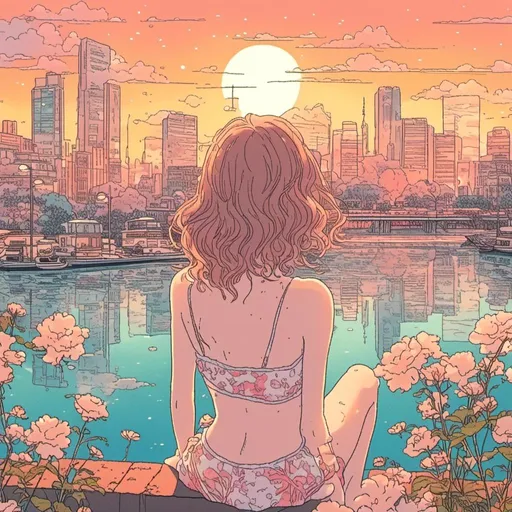 Prompt: <mymodel>Sunset retrowave illustration of a slender girl, pastel colors, detailed hair with retro highlights, floral swimsuit, soft and dreamy atmosphere, city skyline background, view from behind, highres, detailed, retrowave, pastel colors, dreamy atmosphere, sunset lighting, detailed hair, city skyline, slender figure