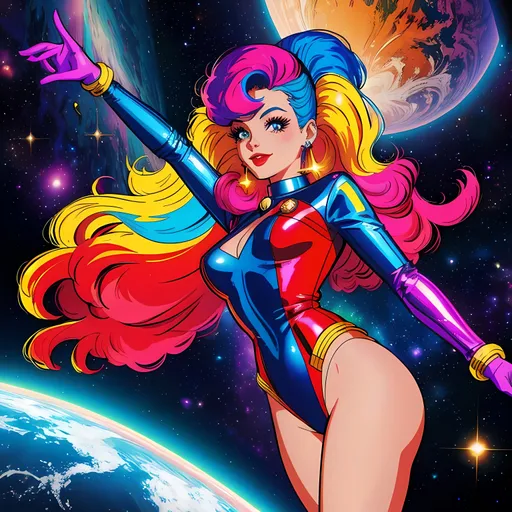 Prompt: 80's style space odyssey pin-up girl, retro-futuristic illustration, neon color palette, vibrant and bold, high-quality rendering, detailed cosmic background, long starry hair, vintage sci-fi fashion, nebula accessories, radiant smile, confident pose, cosmic, retro-futuristic, pin-up, neon colors, glamorous, vintage fashion, metallic accents, confident pose, radiant smile, high-quality rendering