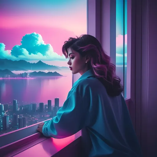 Prompt: (vibrant vaporwave landscape), retro aesthetics, pastel colors, neon pink and blue hues, calming atmosphere, surreal reflections, digitized clouds, futuristic urban architecture, soft gradients, nostalgic feel, tranquil mood, ultra-detailed, high quality, cinematic depth, dreamlike scenery, evocative of 80s and 90s vibe.