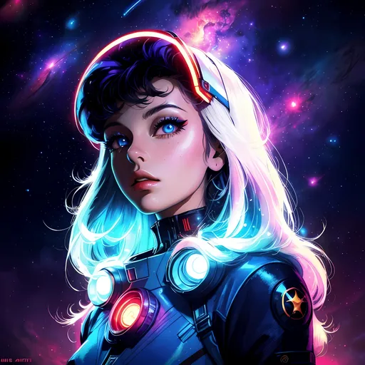 Prompt: 80's style space odyssey pin-up portrait, looking away, looking up, looking towards the sky, cyberpunk, retro illustration, vibrant colors, detailed outfit, high quality, digital art, sci-fi, futuristic, space-themed, cosmic lighting, glamorous pose, neon lights, galactic background, retro-futuristic, vintage space fashion, cyberpunk cosmic pin-up, professional, atmospheric lighting, long starry hair, galactic eyes, nebula eye pupils, white spacesuit