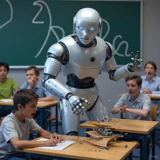 Prompt: A robot. teacher breaks a desk, all the students are scared, the image should be representing the disadvantages of robots teaching and there should be no text in it