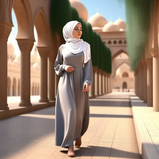 Prompt: 3D photo of a beautiful woman wearing a hijab taking a leisurely walk