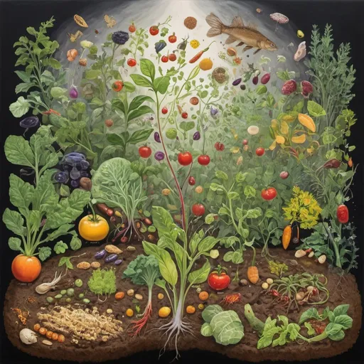 Prompt: a painting of biodiversity of food plants above the ground that are interacting with biodiversity of microorganisms below the ground