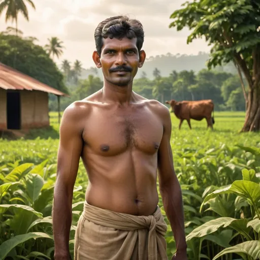 Prompt: A Sri Lankan farmer in his chena in 1960 with no shirt, with a mamoty on his solder in far from us