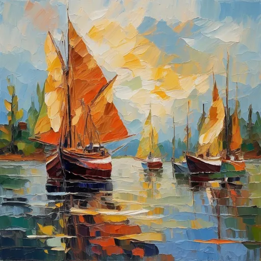 Prompt: Stylized rough saling ships on a lake impressionistic painting with large palette-knife