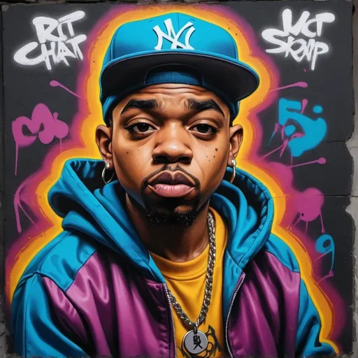 Prompt: Portrait graffiti art of a cartoon rapper wearing a hip-hop outfit,chiaroscuro, aggressive colors,