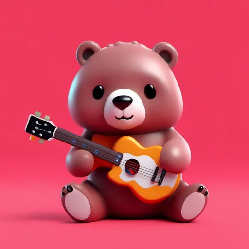 Prompt: <mymodel> a 3d render of kawaii bear with a guitar on a red background