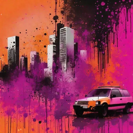 Prompt: Graffiti, splatter painting of city-life, magenta and orange gradient background, small black dots