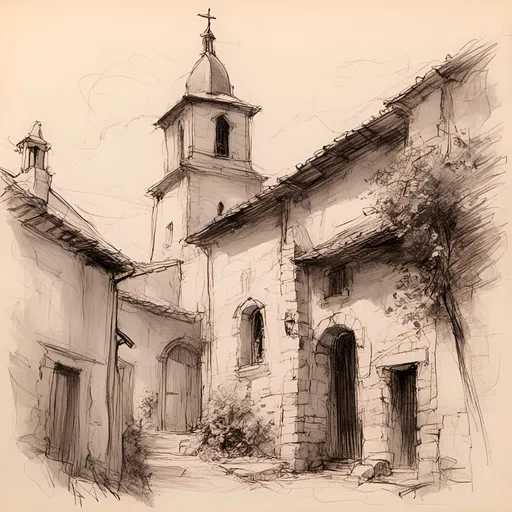 Prompt: <mymodel>pencil-sketch of a church in and old French village