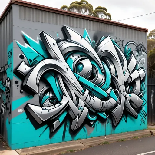 Prompt: graffiti sydney suburbs,dark silver and cyan intricate wildstyle,steel and turquoise, energetic and bold, sharp edges