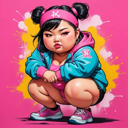 Prompt: graffiti art of cute chubby Asian girl in hip-hop outfit, aggressive colors,pink background