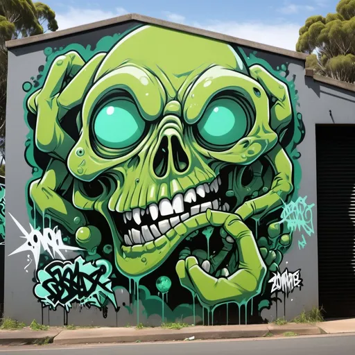 Prompt: graffiti sydney suburbs,toxic-green and mint,ZOMBIE,emerald and sage, energetic and bold, sharp edges