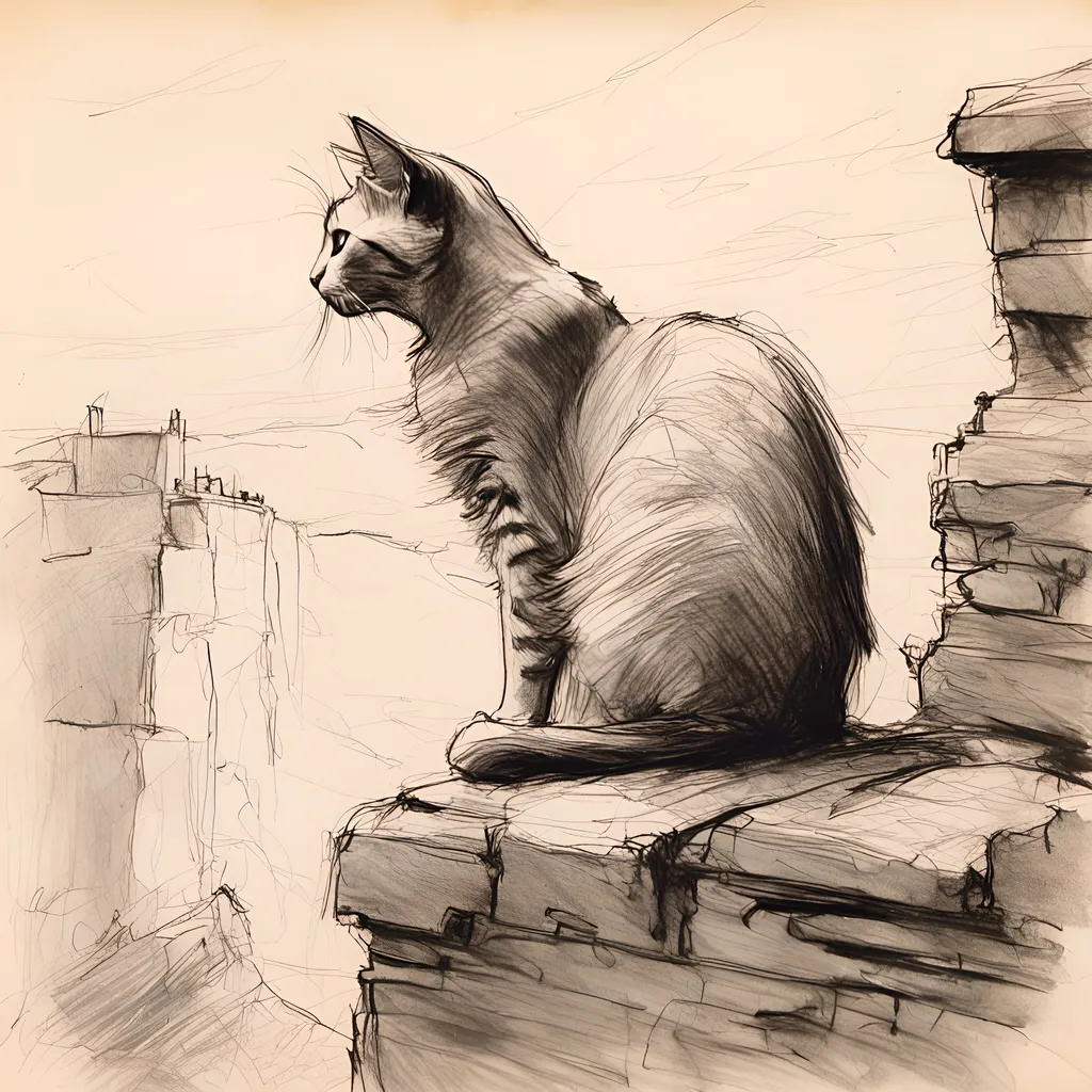 Prompt: <mymodel>pencil-sketch of a cat sitting on the ridge of an old wall