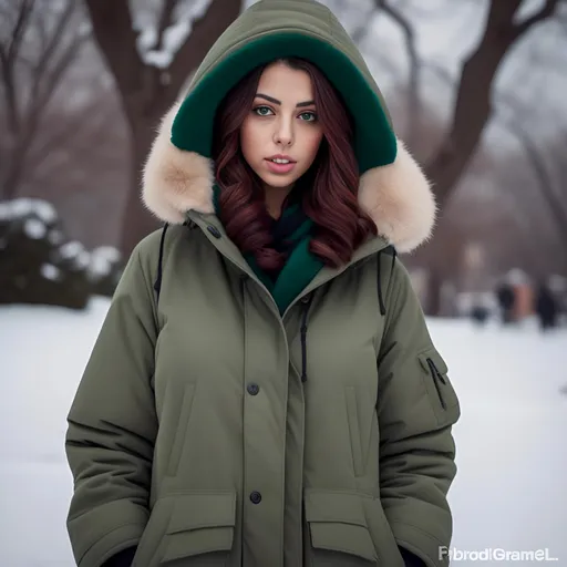 Prompt: <mymodel>is wearing a green parka on a cold winter-day