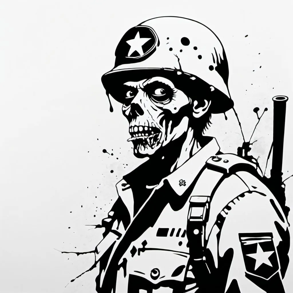 Prompt: Banksy style zombie-soldier portrait, street art, stencil, satirical, black and white,white background