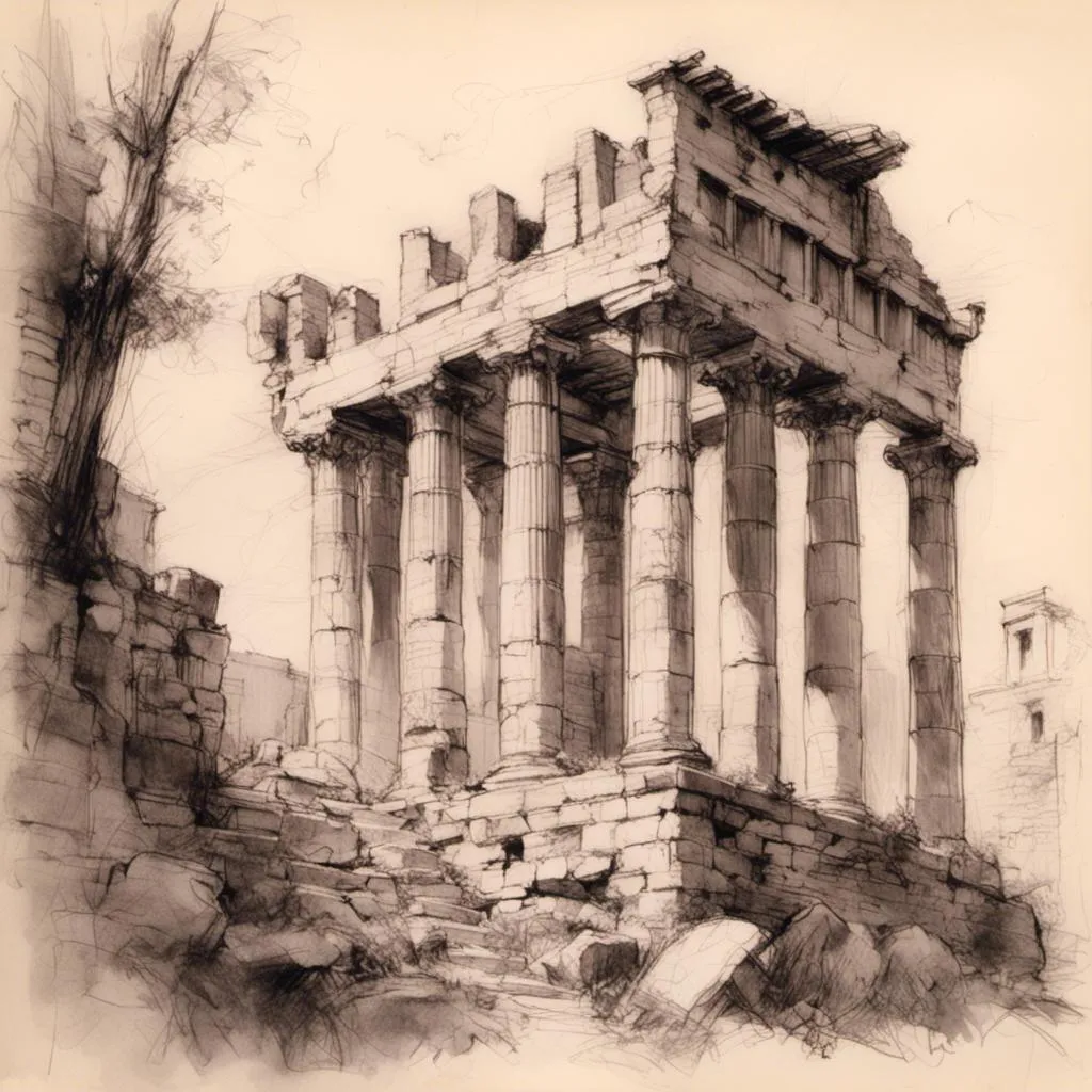 Prompt: <mymodel> pencil-sketch of a ruin of a Roman temple