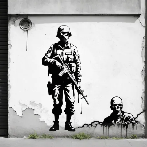 Prompt: White grungy wall with Banksy style zombie-soldier portrait, street art, stencil, satirical, black and white,