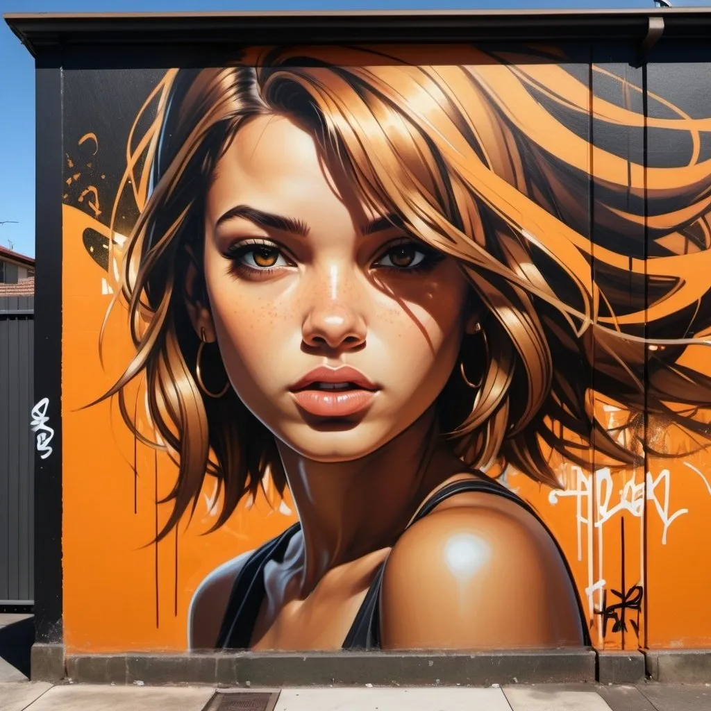 Prompt: graffiti sydney suburbs,dark gold and orange,GIRL,bronze and amber, energetic and bold, sharp edges