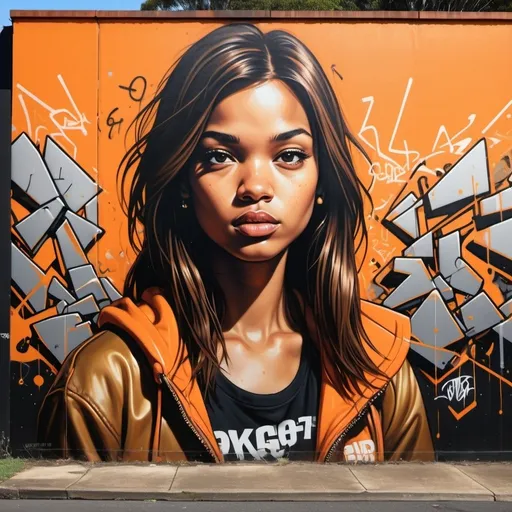 Prompt: graffiti sydney suburbs,dark gold and orange,GIRL,bronze and amber, energetic and bold, sharp edges