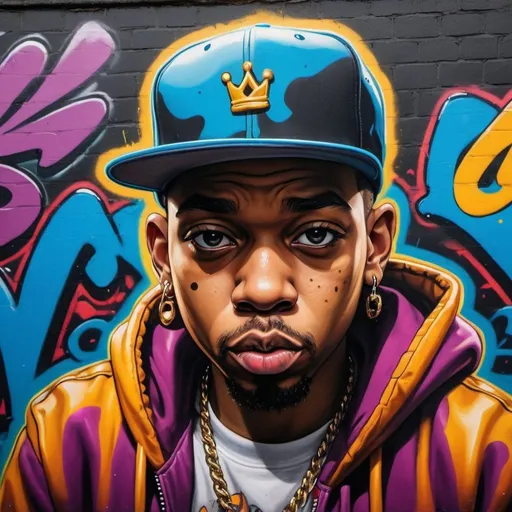 Prompt: Portrait graffiti art of a cartoon rapper wearing a hip-hop outfit,chiaroscuro, aggressive colors,