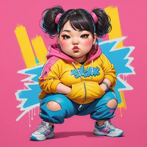 Prompt: graffiti art of cute chubby Asian girl in hip-hop outfit, aggressive colors,pink background with yellow and blue tags