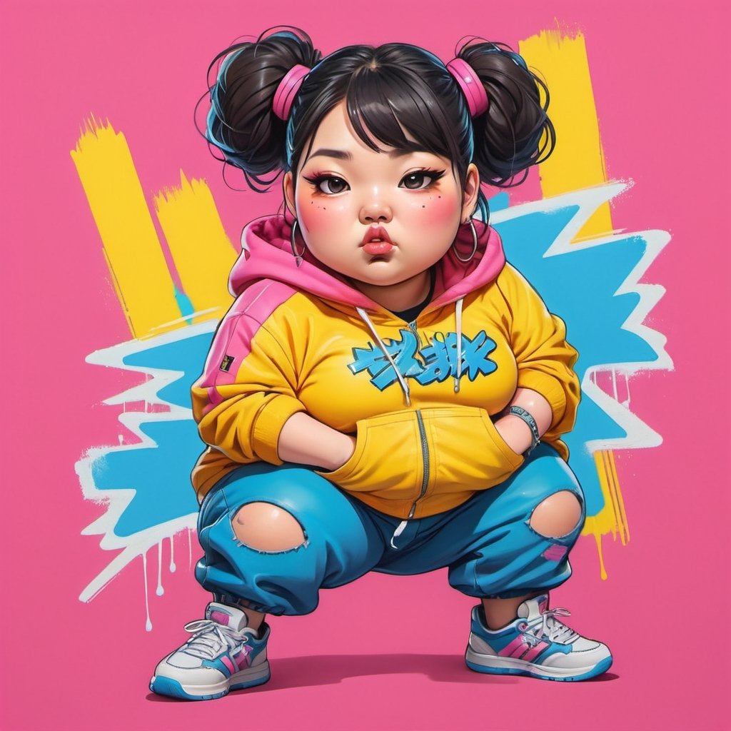 graffiti art of cute chubby Asian girl in hip-hop ou...