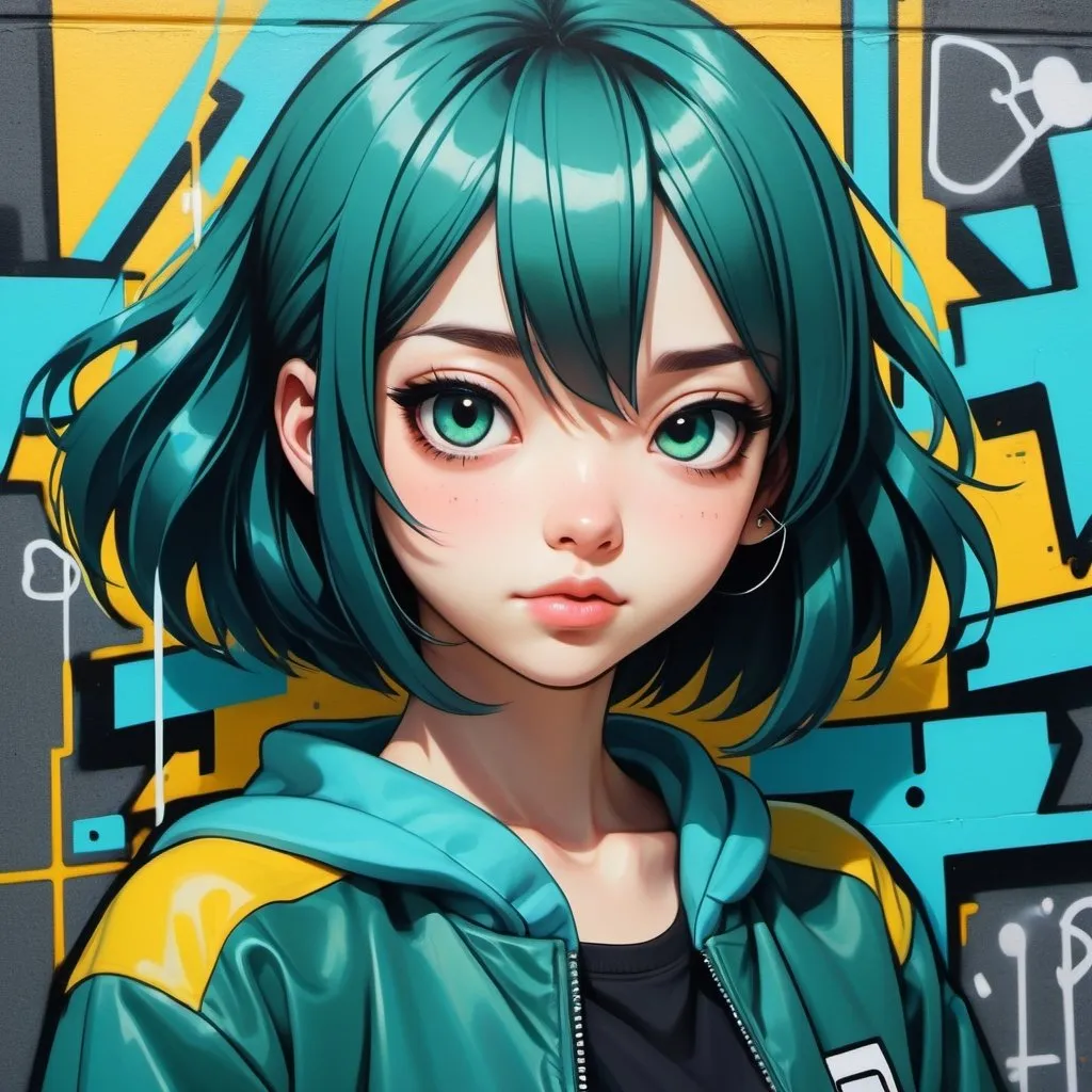 Prompt: graffiti sydney suburbs,dark emerald and cyan,kawaii girl,dark blue and yellow, energetic and bold, sharp edges