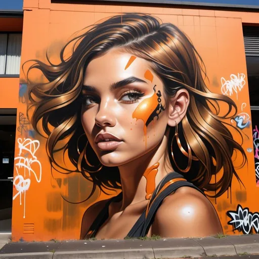 Prompt: graffiti sydney suburbs,dark gold and orange,GIRL,bronze and amber, energetic and bold, sharp edges