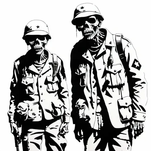 Prompt: 2 Banksy style zombie-soldiers portrait, street art, stencil, satirical, black and white,white background