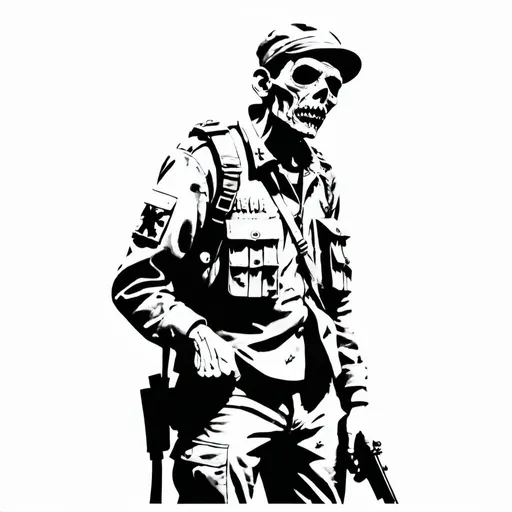 Prompt: Banksy style zombie-soldier portrait, street art, stencil, satirical, black and white,white background