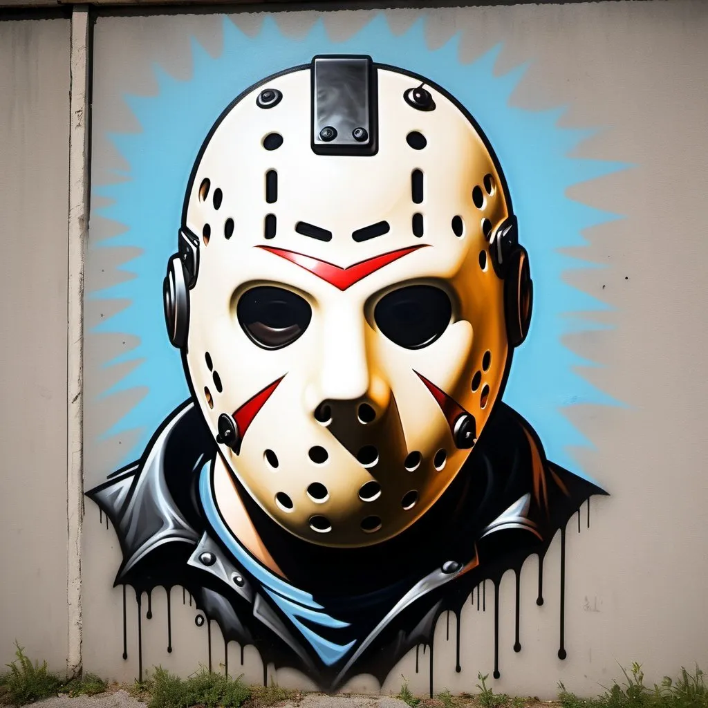 Prompt: Sprayed Portrait graffiti art of a spraypainted cartoon Jason Voorhees,chiaroscuro, aggressive colors,