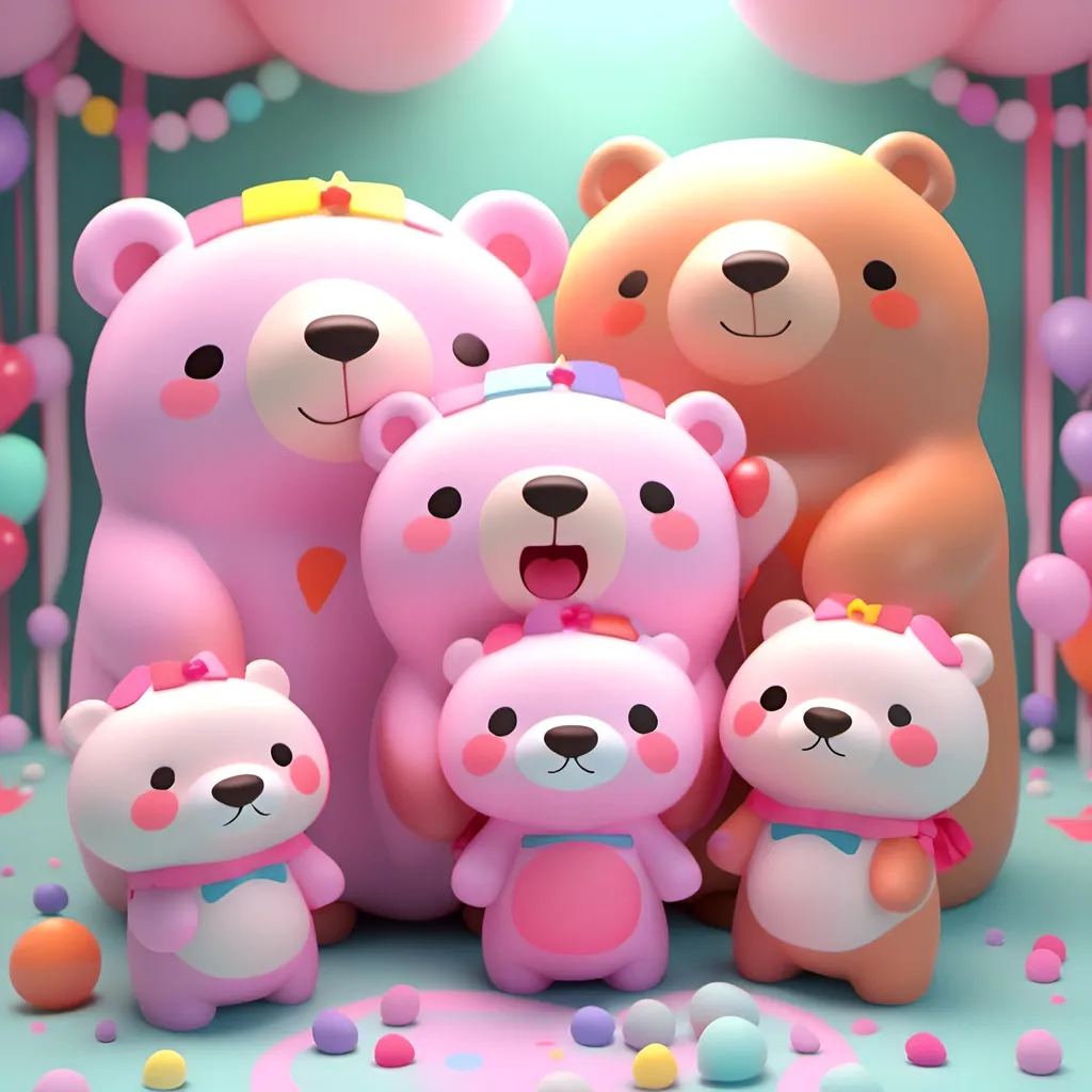 Prompt: <mymodel> a 3d render of a kawaii bear-family having a party