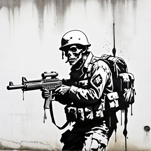 Prompt: Banksy style zombie-soldier portrait, street art, stencil, satirical, black and white,grungy white wall background