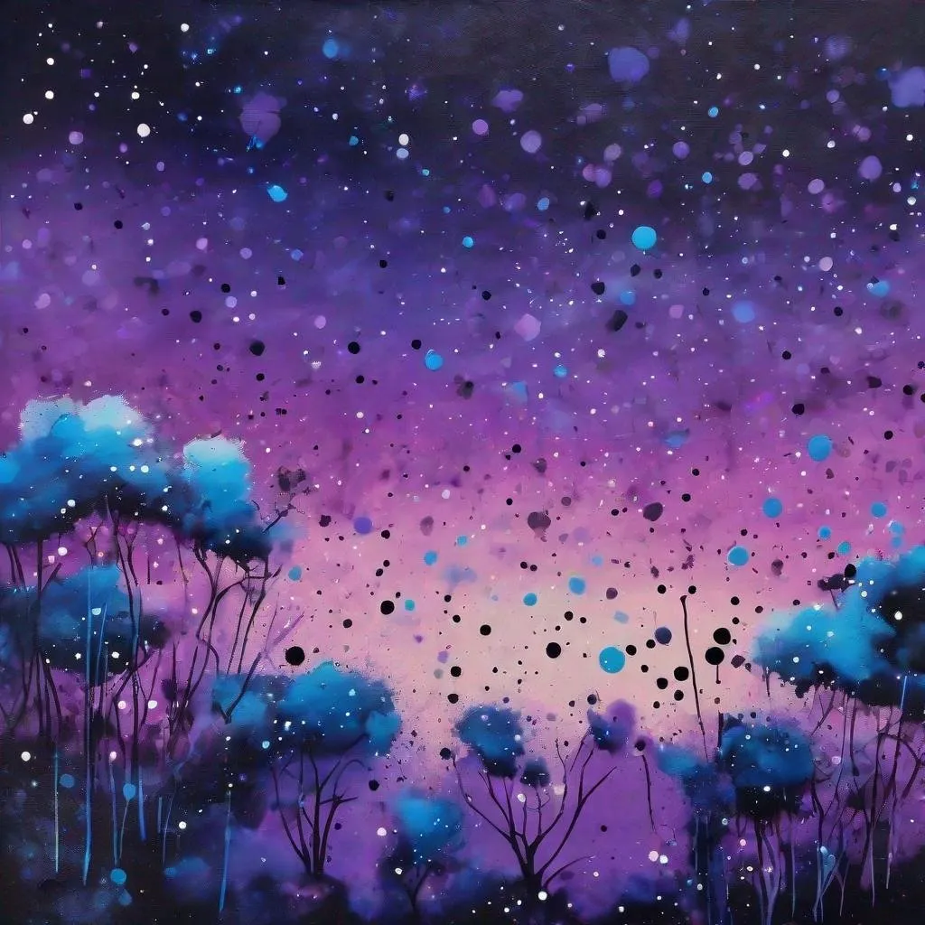 Prompt: Graffiti, splatter painting of the night sky, purple and blue gradient background, small black dots