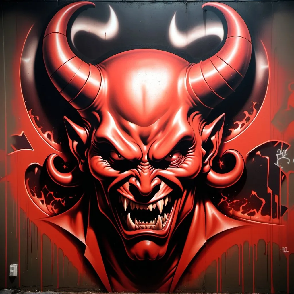 Prompt: Sprayed graffiti art of a spraypainted devil ,chiaroscuro, aggressive reddish colors,