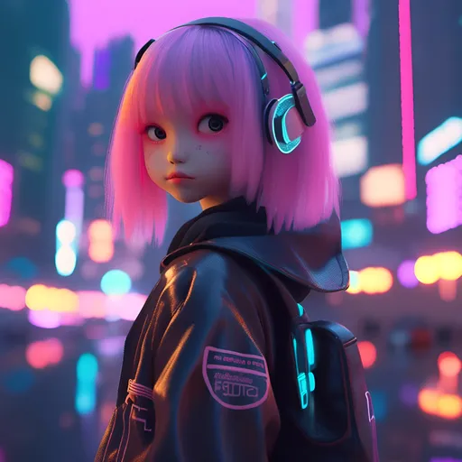 Prompt: <mymodel> a 3d render of kawaii cyberpunk-girl with a cyberpunk-city in the background,bokeh