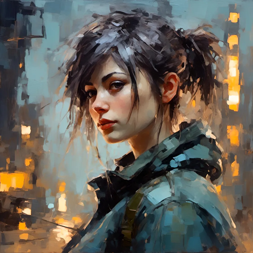 Prompt: A close-up of a cyberpunk girl with in the background an industrial zone,bokeh