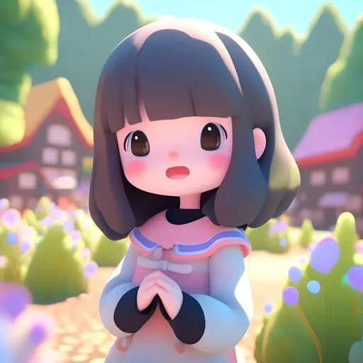 Prompt: <mymodel> a 3d render of kawaii girl with a village in the background,bokeh