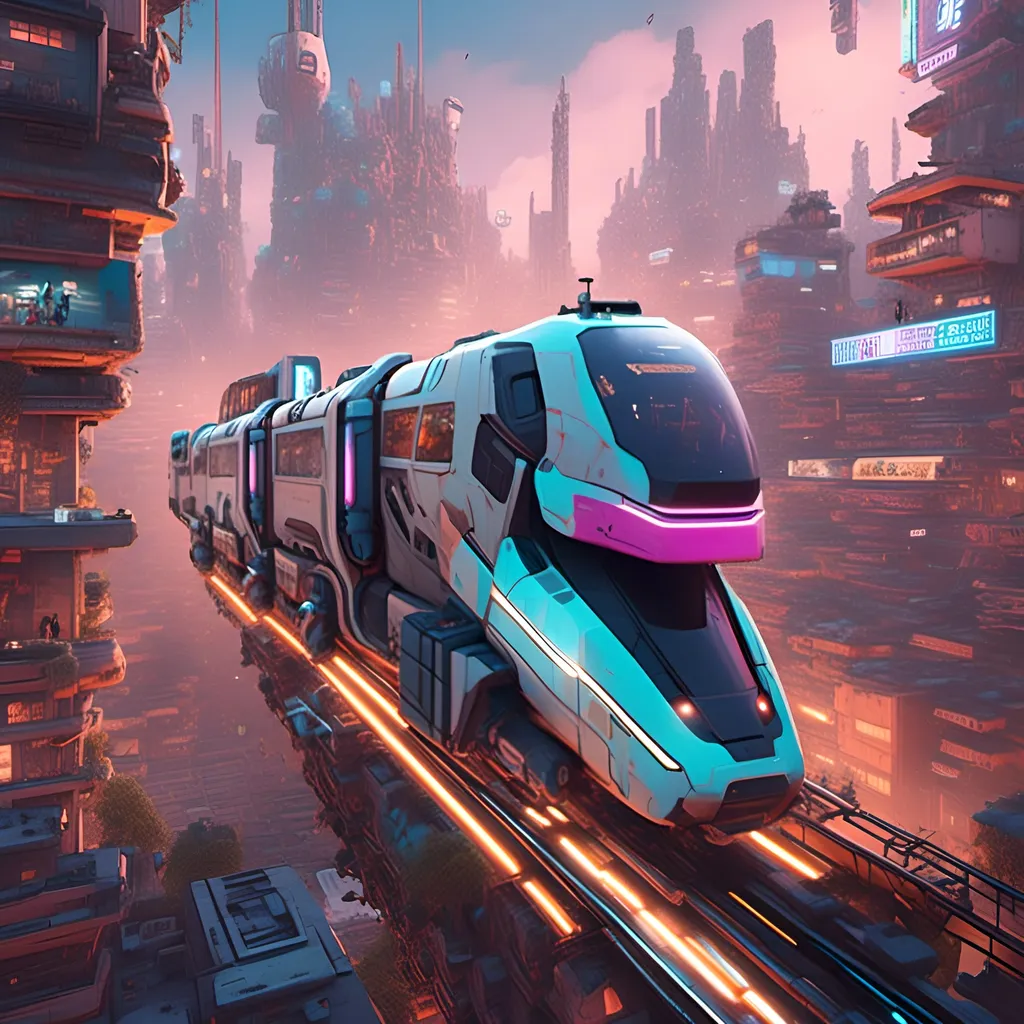 Prompt: <mymodel>a futuristic train is riding through a cyberpunk-city at high speed