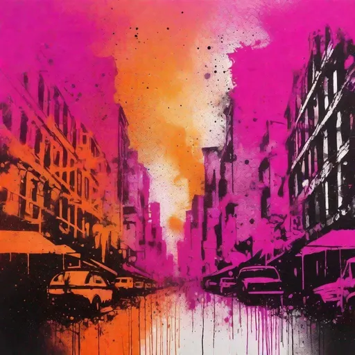 Prompt: Graffiti, splatter painting of city-life, magenta and orange gradient background, small black dots