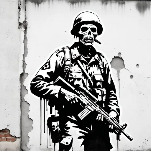 Prompt: Banksy style zombie-soldier portrait, street art, stencil, satirical, black and white,grungy white wall background