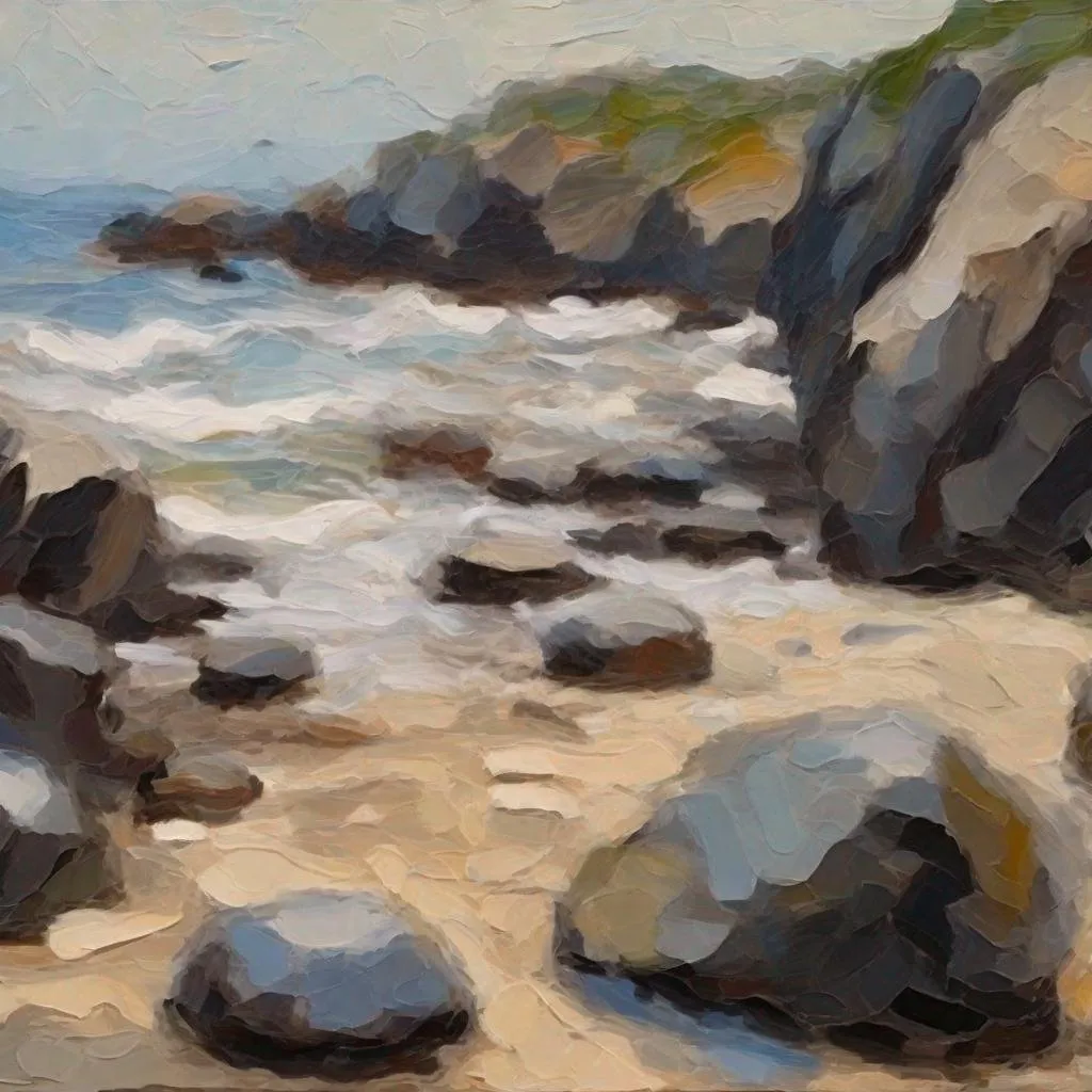 Prompt: beach with large rocks . very thick Impasto,impressionism