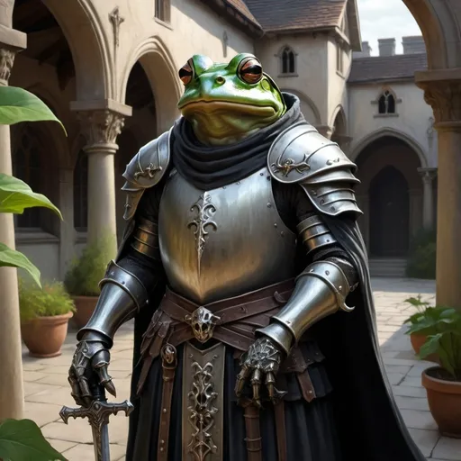 Prompt: an undead frog knight in a courtyard, stoic, Anne Stokes, fantasy art, matte fantasy painting, a detailed matte painting necromancer
