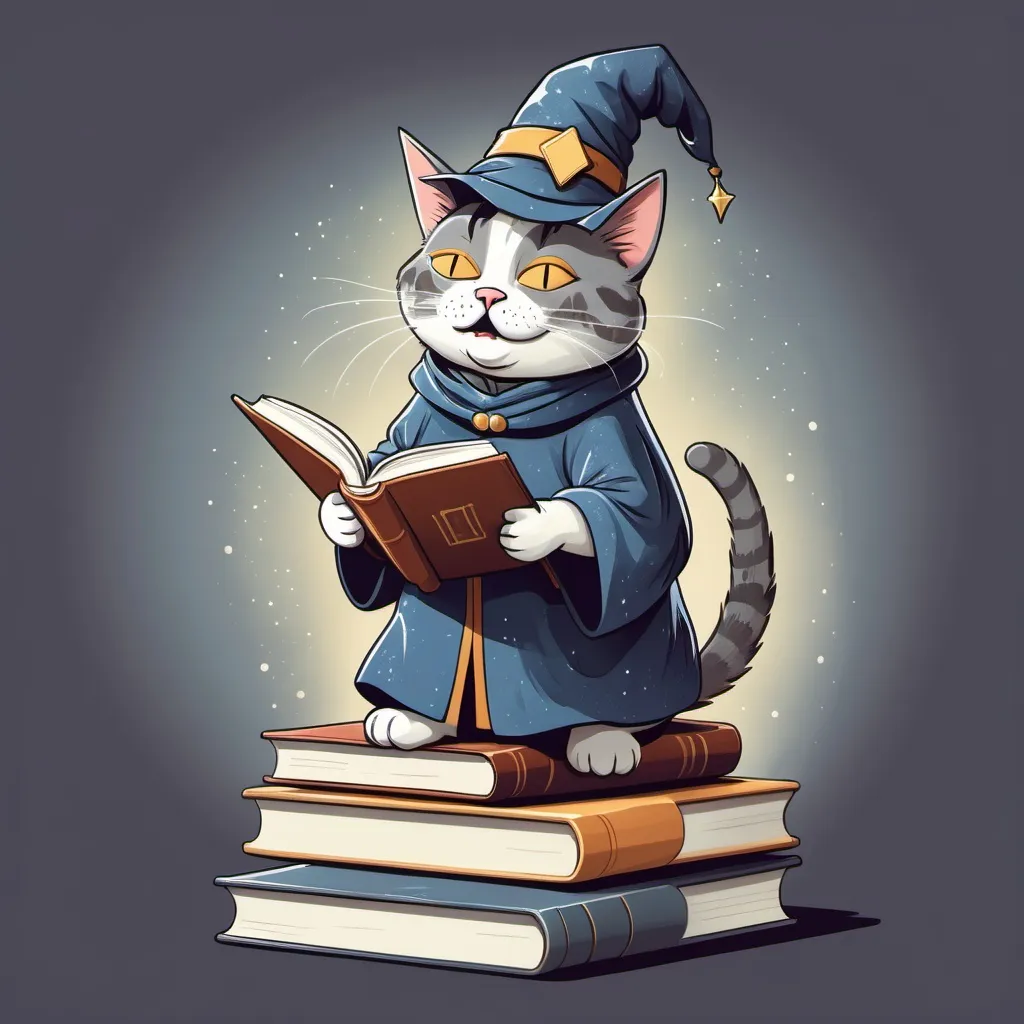 Prompt: An illustrastion of a cat standing on a bunch of books poorly dressed as a wizard holding a book and its face with a wide open mouth and closed eyes as if it is reading aloud the book.