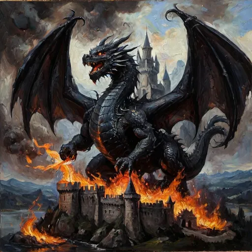 Prompt: A dark-black dragon, with a black flame burning a castle